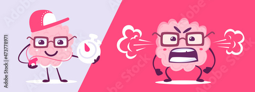 Vector set of creative illustration of happy and angry pink brain in glasses in different pose. Flat doodle style knowledge concept design of emotional brain character with stopwatch and whistle