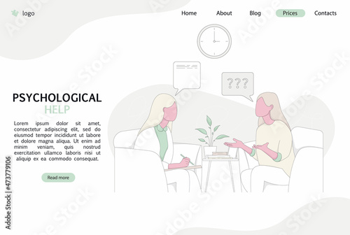 Psychological help landing page concept. Woman talks during a mental therapy session with her psychotherapist or psychologist. Vector illustration.