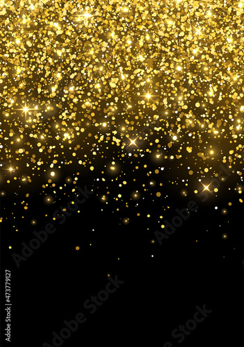 Sparkling scattering of gold glitter on black background. Vector