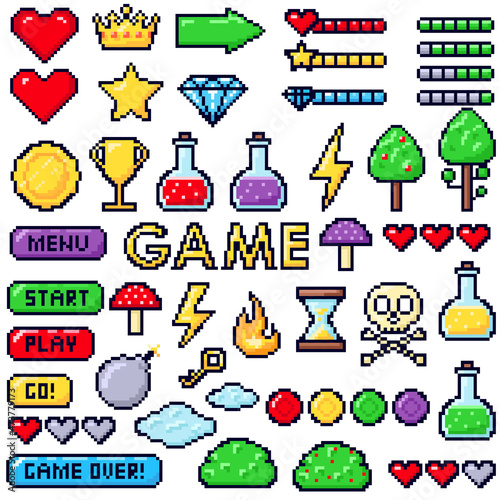 Pixel art 8 bit objects.Game pixel art magic items, digital pixelated lives bar and menu button. Vector isolated symbols set