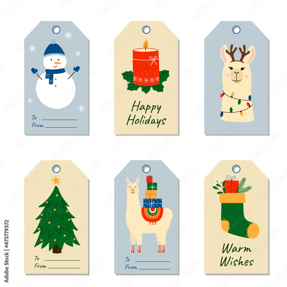 Set of colorful Christmas and holidays gift tags. Labels with cute llama, snowman, Christmas tree. 