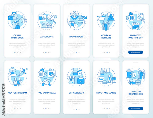 Employee benefits onboarding mobile app page screen. Bonuses for company staff walkthrough 5 steps graphic instructions with linear concepts. UI, UX, GUI template. Myriad Pro-Bold, Regular fonts used