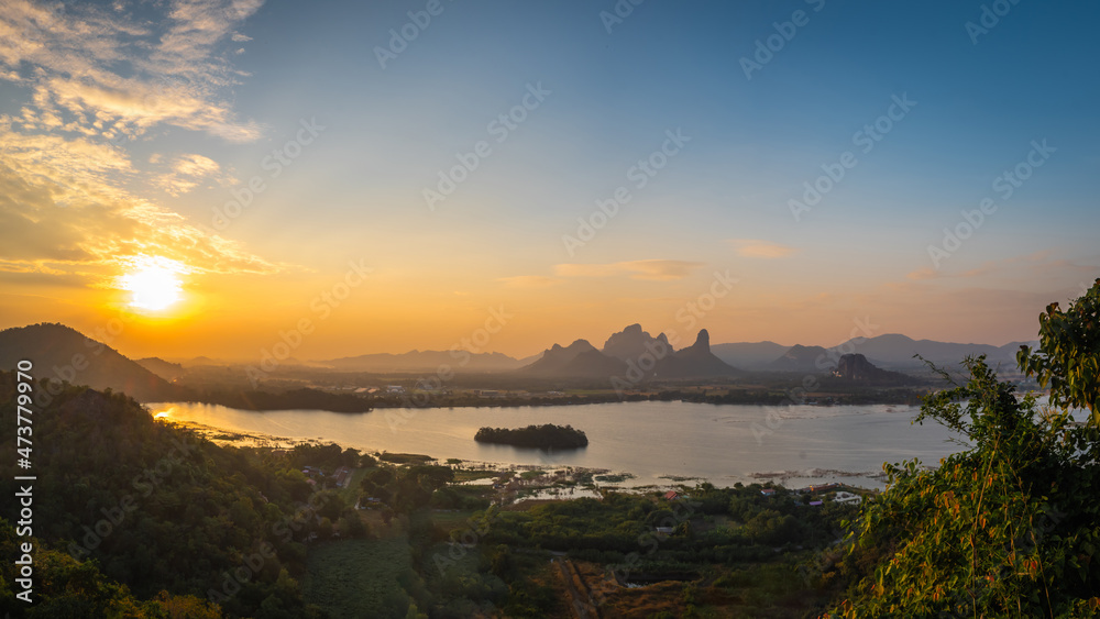 Panorama Landscape of Mountains and lakes in sunset at Phu Sub Lek Reservoir, Lopburi, Thailand. A new attraction that is highly popular.