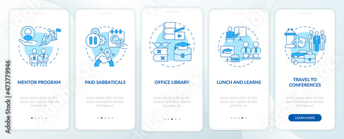 Employee education perks onboarding mobile app page screen. Lunch and learn walkthrough 5 steps graphic instructions with linear concepts. UI, UX, GUI template. Myriad Pro-Bold, Regular fonts used