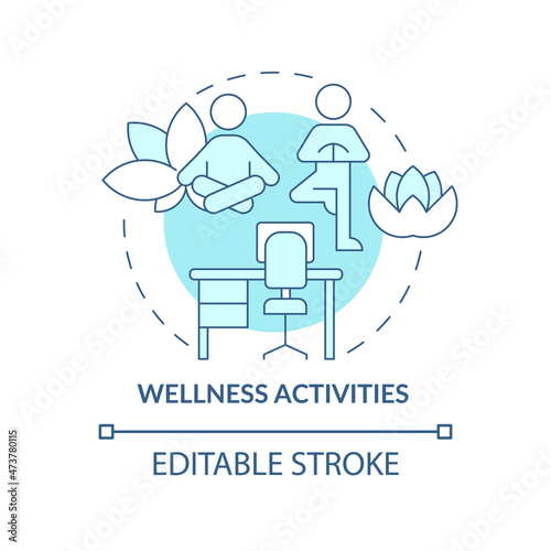 Wellbeing activities concept icon. Meditation and de-stress. Yoga exercises abstract idea thin line illustration. Isolated outline drawing. Editable stroke. Roboto-Medium, Myriad Pro-Bold fonts used