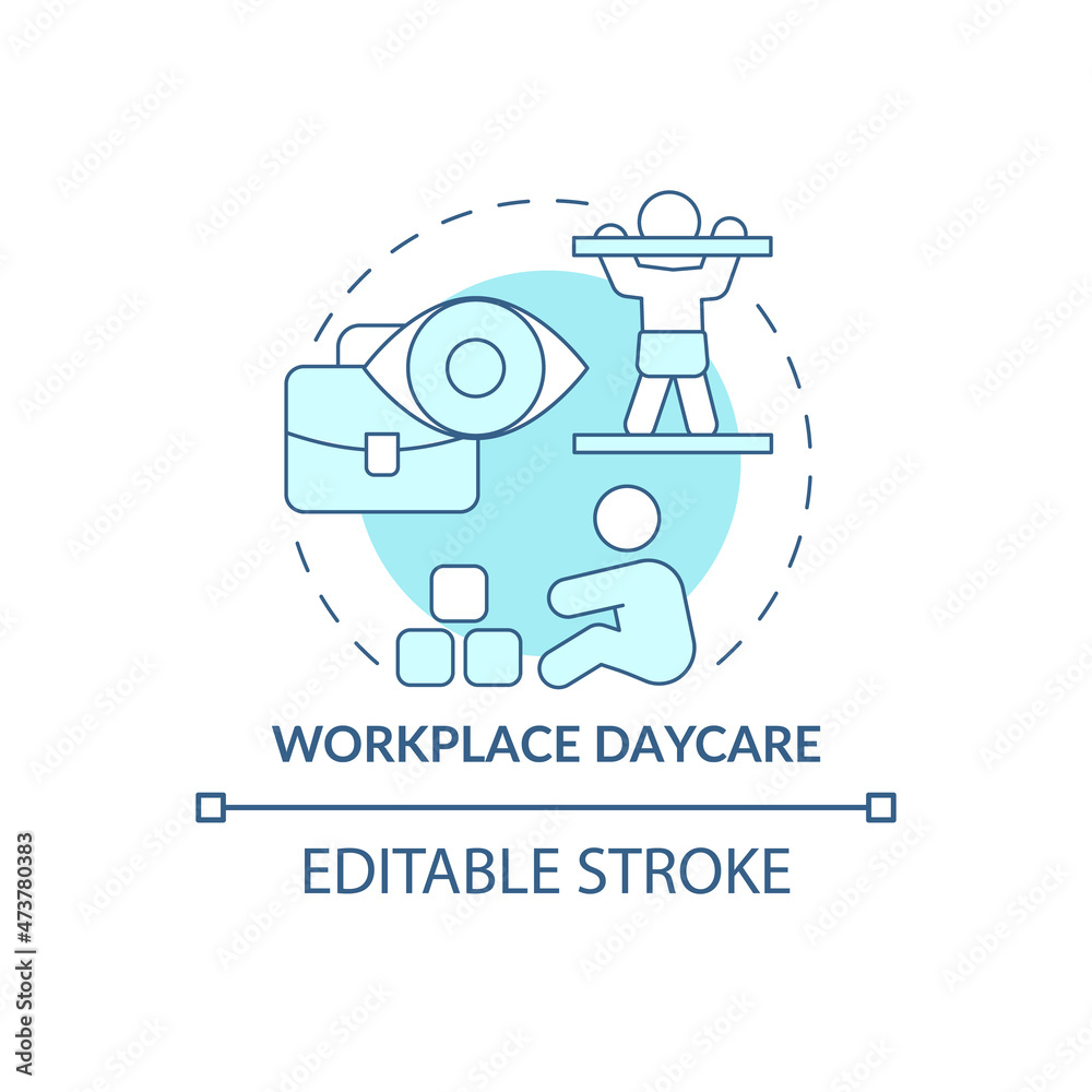 Workplace childcare concept icon. Staff kids babysitting. Parents work perks abstract idea thin line illustration. Isolated outline drawing. Editable stroke. Roboto-Medium, Myriad Pro-Bold fonts used