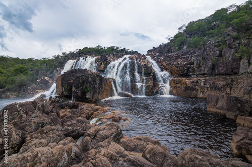 View of the Cariocas Waterfall at Chapada dos Veadeiros  Deers Tableland  - Goi  s  Brazil