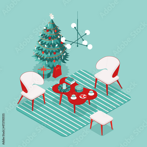 Colorful isometric Christmas illustration showing an interior with furniture and Christmas decorations. Vector illustration in flat design. Holiday season picture in red, blue and white. 