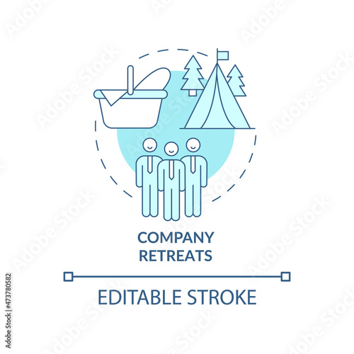 Corporate retreats concept icon. Job getaway. Camping. Outdoor activity abstract idea thin line illustration. Isolated outline drawing. Editable stroke. Roboto-Medium, Myriad Pro-Bold fonts used