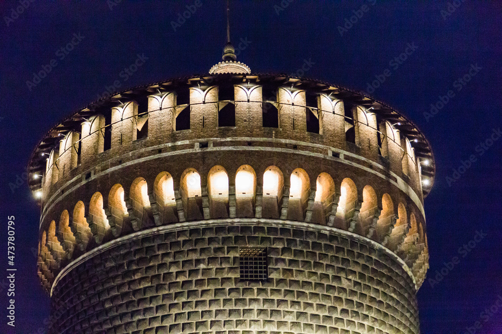 Tower of Sforza castle by night,Milan,Italy