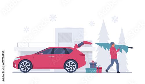 A man unloads Christmas gifts and a tree from the car. Vector illustration.