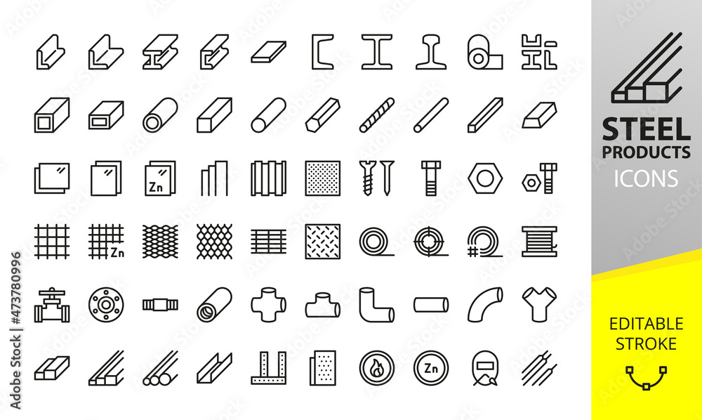 Metal and Stainless Steel products isolated icons set. Set of long products, hot rolled steel, metal beams, rods, armature, pipes, pipe flange, wire coil, rabitz mesh roll vector icons.  - obrazy, fototapety, plakaty 