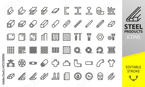 Metal and Stainless Steel products isolated icons set. Set of long products, hot rolled steel, metal beams, rods, armature, pipes, pipe flange, wire coil, rabitz mesh roll vector icons.  photo