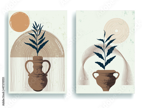 Modern poster with minimalist design elements . Windows and arch in Boho style  . Wall art , home deco . Vector abstract shape.