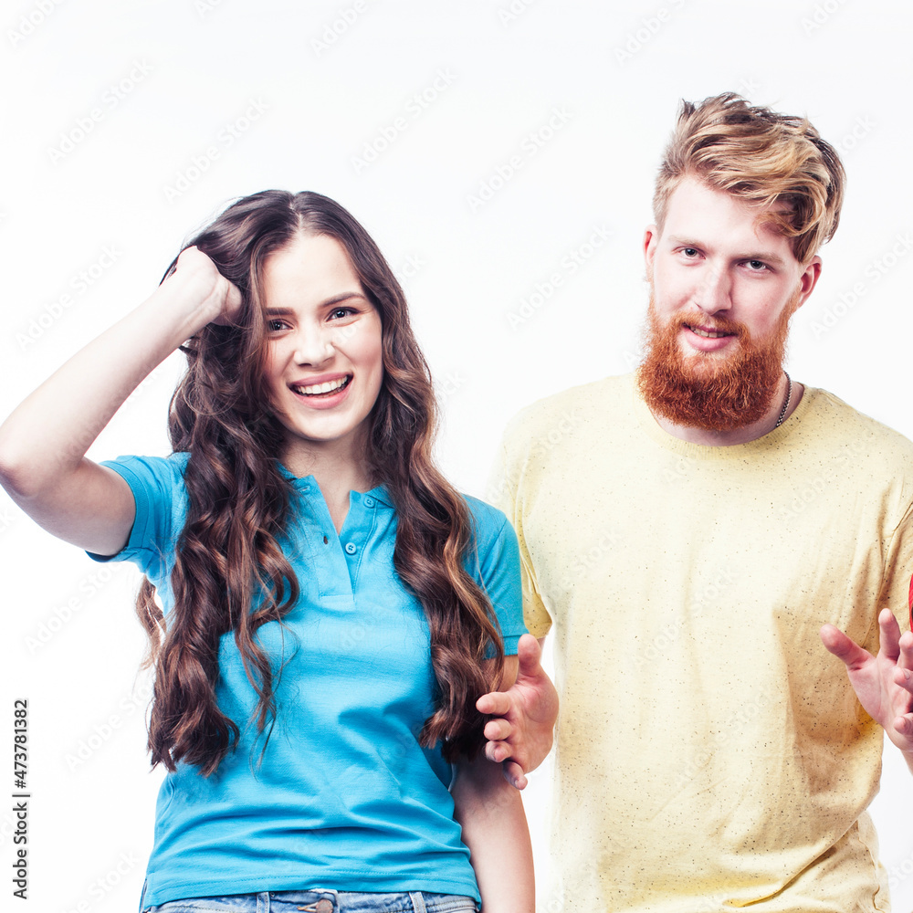 young attractive couple together having fun happy smiling isolated on white background, emotional posing, lifestyle people concept young attractive couple together having fun happy smiling isolated on white background, emotional posing, lifestyle people concept