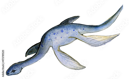 Beautiful watercolor drawing of aquatic dinosaur - plesiosaur in blue, isolated on white background