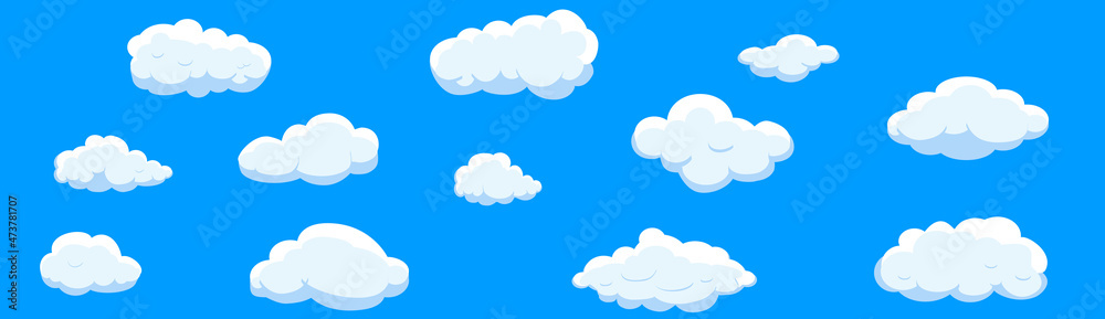 Clouds set isolated on blue background. Collection of clouds for web site, poster, placard and wallpaper. Creative modern concept. Clouds vector illustration