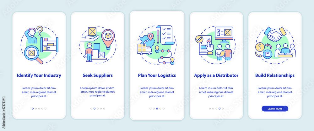 Steps to distribution business onboarding mobile app page screen. Startup walkthrough 5 steps graphic instructions with concepts. UI, UX, GUI vector template with linear color illustrations