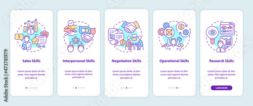 Skills for distributor onboarding mobile app page screen. Start business walkthrough 5 steps graphic instructions with concepts. UI, UX, GUI vector template with linear color illustrations