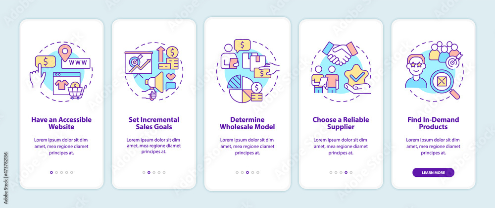 Distribution business tips onboarding mobile app page screen. Wholesale trade walkthrough 5 steps graphic instructions with concepts. UI, UX, GUI vector template with linear color illustrations