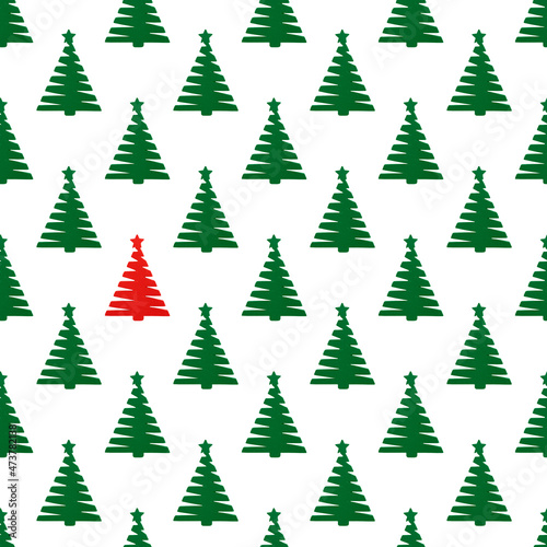Decorative fir tree on white background. Christmas ornament seamless pattern, festive print, holiday greeting card design.