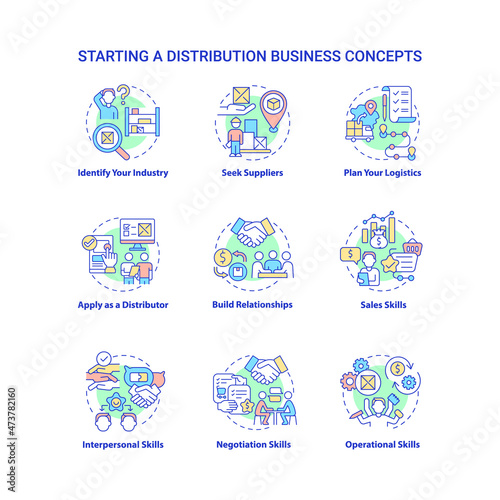 Starting distribution business concept icons set. Entrepreneurship startup development. Wholesale trading company idea thin line color illustrations. Vector isolated outline drawings