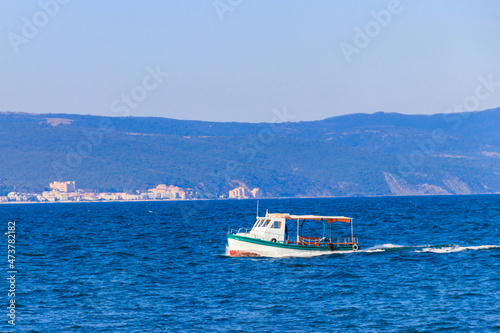 Pleasure boat sailing on the Black sea in Nessebar, Bulgaria