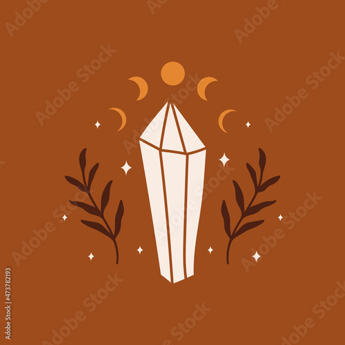 Mystical white crystal  with phases moon, plants and stars on terracotta background. Vector modern hand drawn illustration photo
