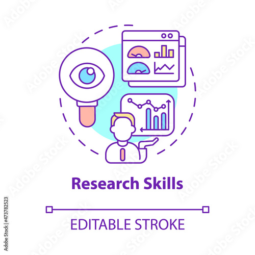 Research skills concept icon. Business analyzing process. Marketing strategy of company development abstract idea thin line illustration. Vector isolated outline color drawing. Editable stroke