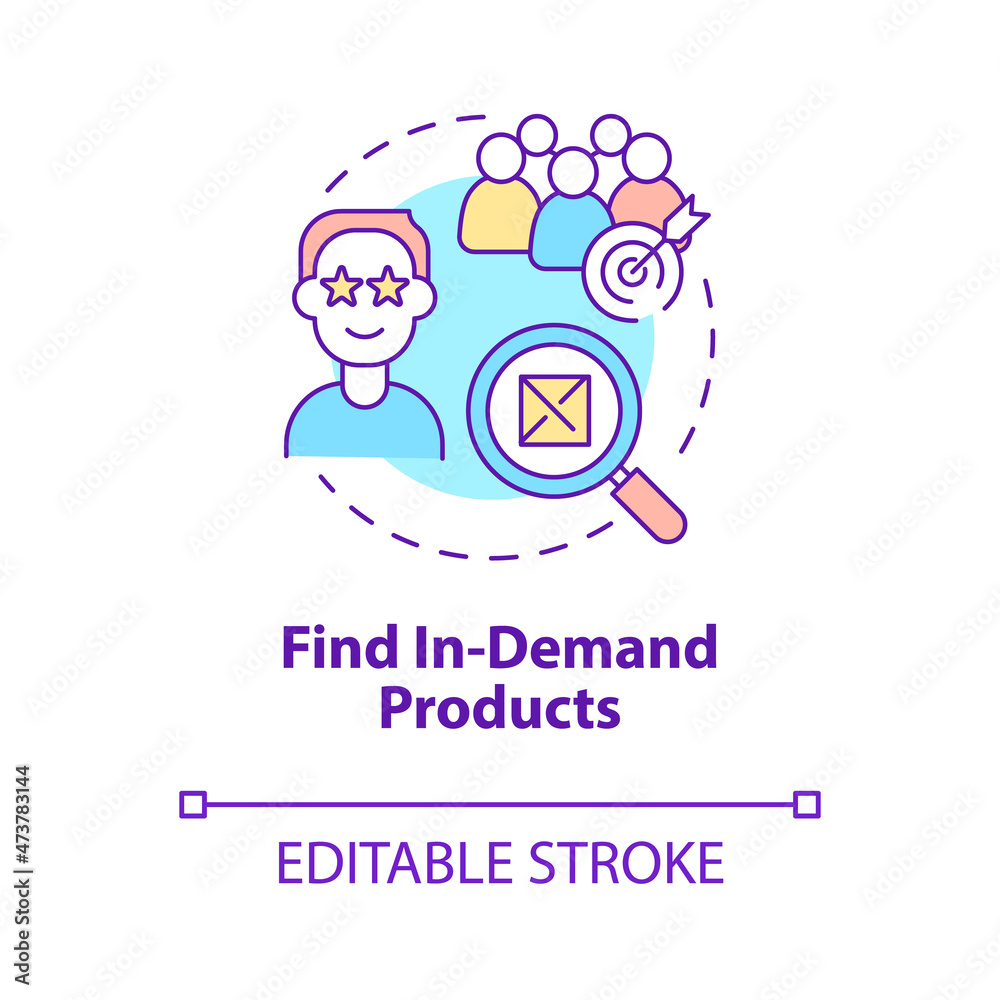 Find in-demand products concept icon. Research customer needs. Successful distribution business abstract idea thin line illustration. Vector isolated outline color drawing. Editable stroke Find in-demand products concept icon. Research customer needs. Successful distribution business abstract idea thin line illustration. Vector isolated outline color drawing. Editable stroke