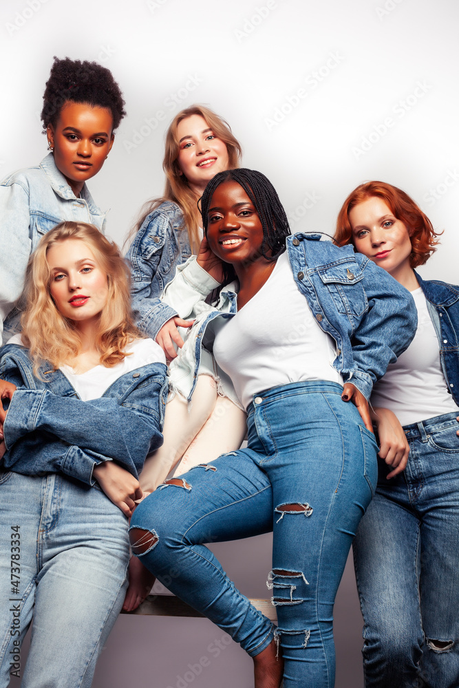 Fototapeta premium diverse multi nation girls group, teenage friends company cheerful having fun, happy smiling, cute posing isolated on white background, lifestyle people concept, african-american and caucasian