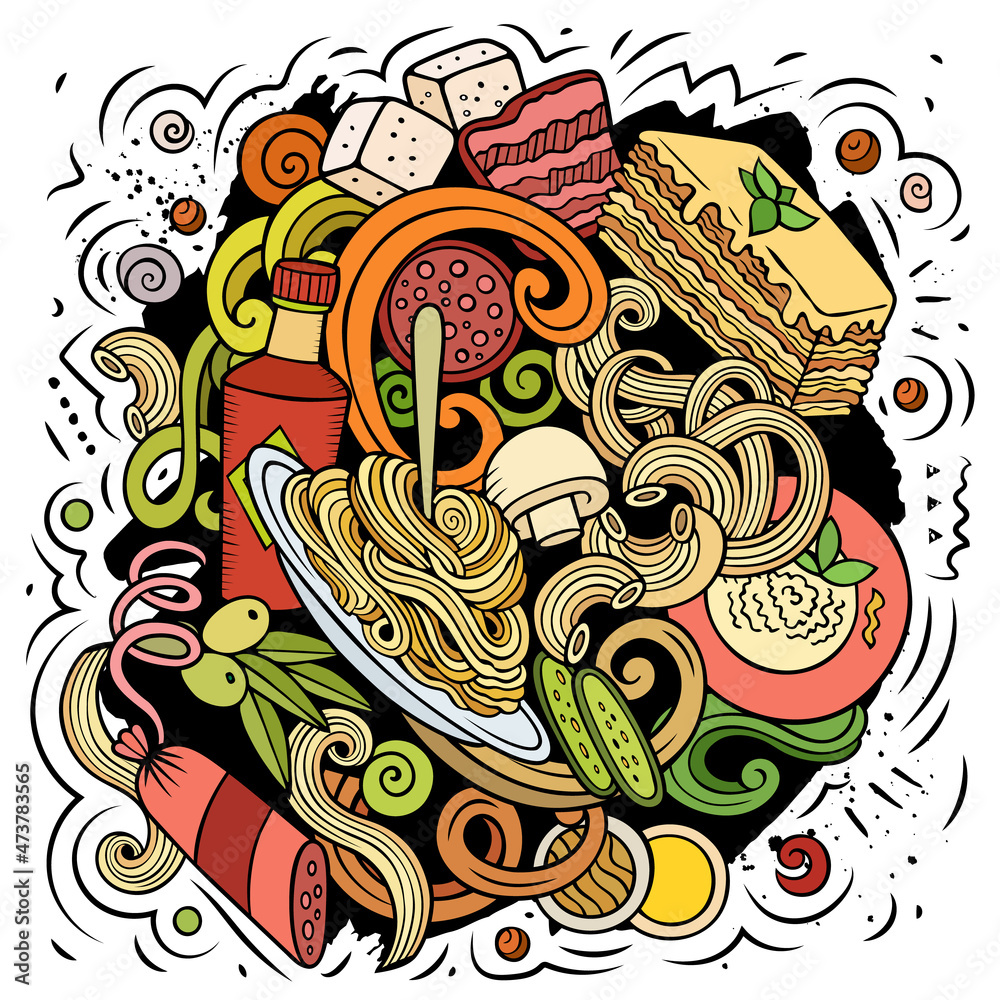 Cartoon vector doodles Italian Food funny illustration