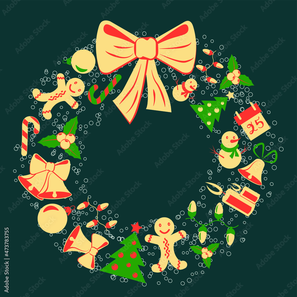 Fototapeta premium Christmas wreath made of festive elements on a solid background vector