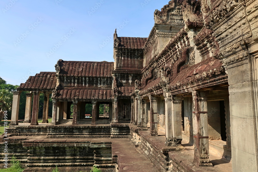 The ancient temple complex of Angkor Wat is buried in the jungle.