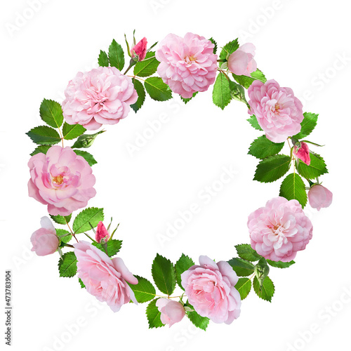 Round flower garland of roses with leaves and buds. Flower wreath