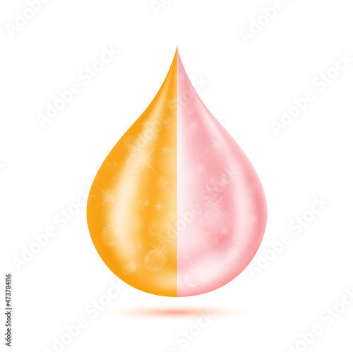 Drop pink Collagen solution Serum and orange vitamin. On white background. Hyaluronic acid skin care ad. 3D Realistic Vector EPS10.