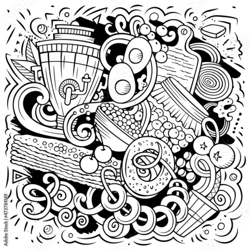 Russian food hand drawn vector doodles illustration.