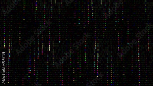 Colorful Binary Matrix Background. Falling Binary Digits on Dark Background. Falling Numbers. Green Futuristic Cyberspace. Abstract Background.