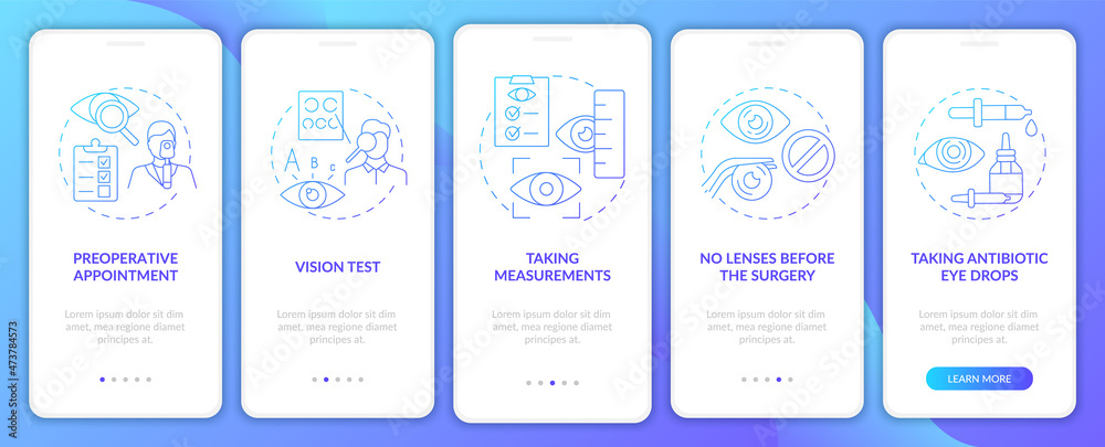 Laser eye surgery preparation blue onboarding mobile app page screen. Procedure walkthrough 5 steps graphic instructions with concepts. UI, UX, GUI vector template with linear color illustrations