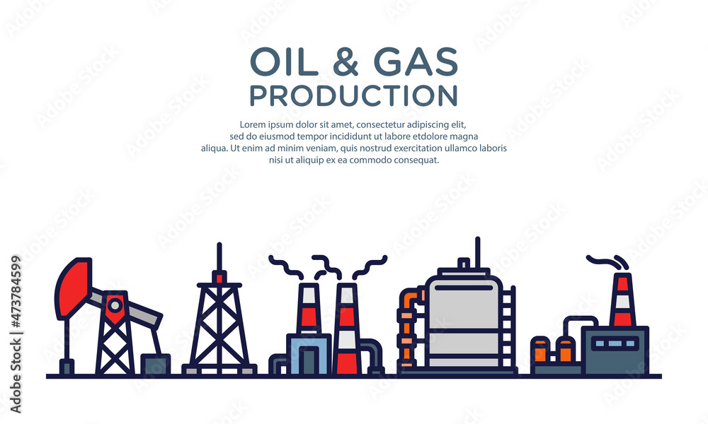 Flat vector illustration of oil and gas manufacturing plant. Suitable for design element of power and energy factory, oil and gas refinery process, and petrochemical industry. Flat vector illustration of oil and gas manufacturing plant. Suitable for design element of power and energy factory, oil and gas refinery process, and petrochemical industry.