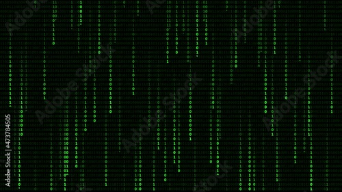 Binary Matrix Background. Falling Binary Digits on Dark Background. Falling Numbers. Green Futuristic Cyberspace. Abstract Background.