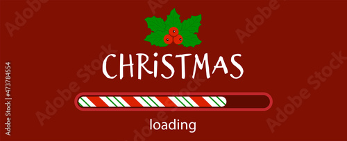 Christmas loading bar candy cane and sprig holly. Banner vector isolated, flat design.