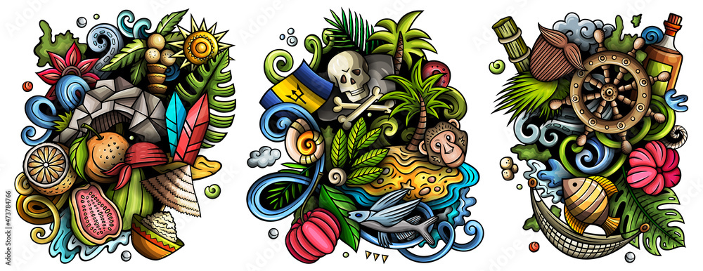 Fototapeta premium Barbados cartoon vector doodle designs set.