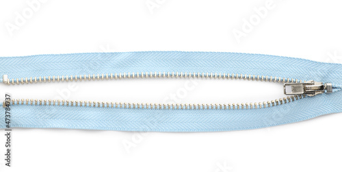 Light blue zipper on white background, top view