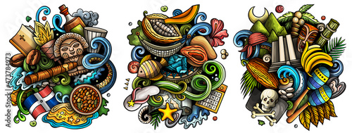 Dominican Republic cartoon vector doodle designs set.