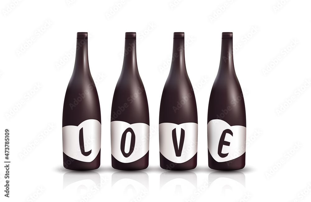 Wine bottles with labels in the form of letters. For wine boutiques, shops and wine connoisseurs. Vector illustration 3D. Wine bottles with labels in the form of letters. For wine boutiques, shops and wine connoisseurs. Vector illustration 3D.