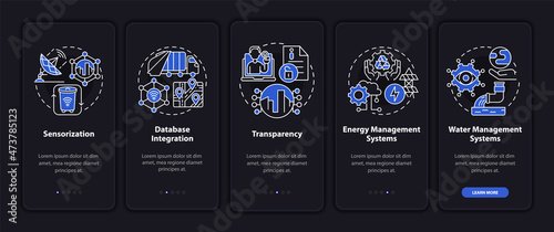 Digital city infrastructure onboarding mobile app page screen. Technology walkthrough 5 steps graphic instructions with concepts. UI  UX  GUI vector template with linear night mode illustrations