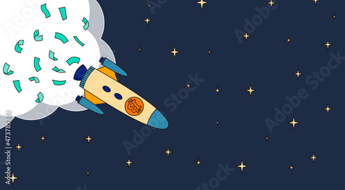 Illustration of bitcoin spaceship flying in starry sky. Creative vector illustration of bitcoin rocket launcher with falling money banknotes flying on dark night sky for crypto currency concept. 