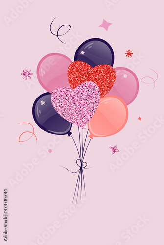 Colorful balloons with glitter hearts. For a holiday poster, brochure, banner, invitation card.
