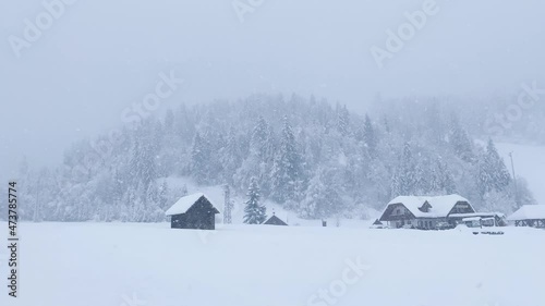 snowfall in a mountain chalet, against the background of a snow-covered spruce forest